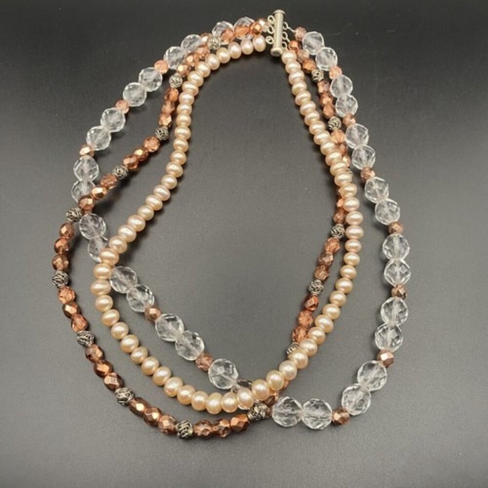 Vtg Peach Necklace 3 Strand Sterling Silver Acrylic Bead Iridescent Crystals